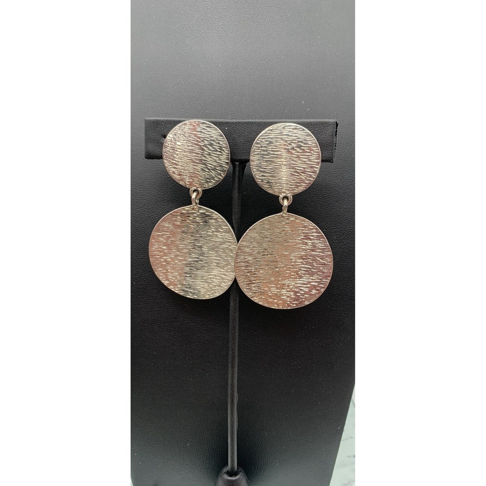Chunky Textured Silver Tone Double Disc Dangle Clip On Earrings